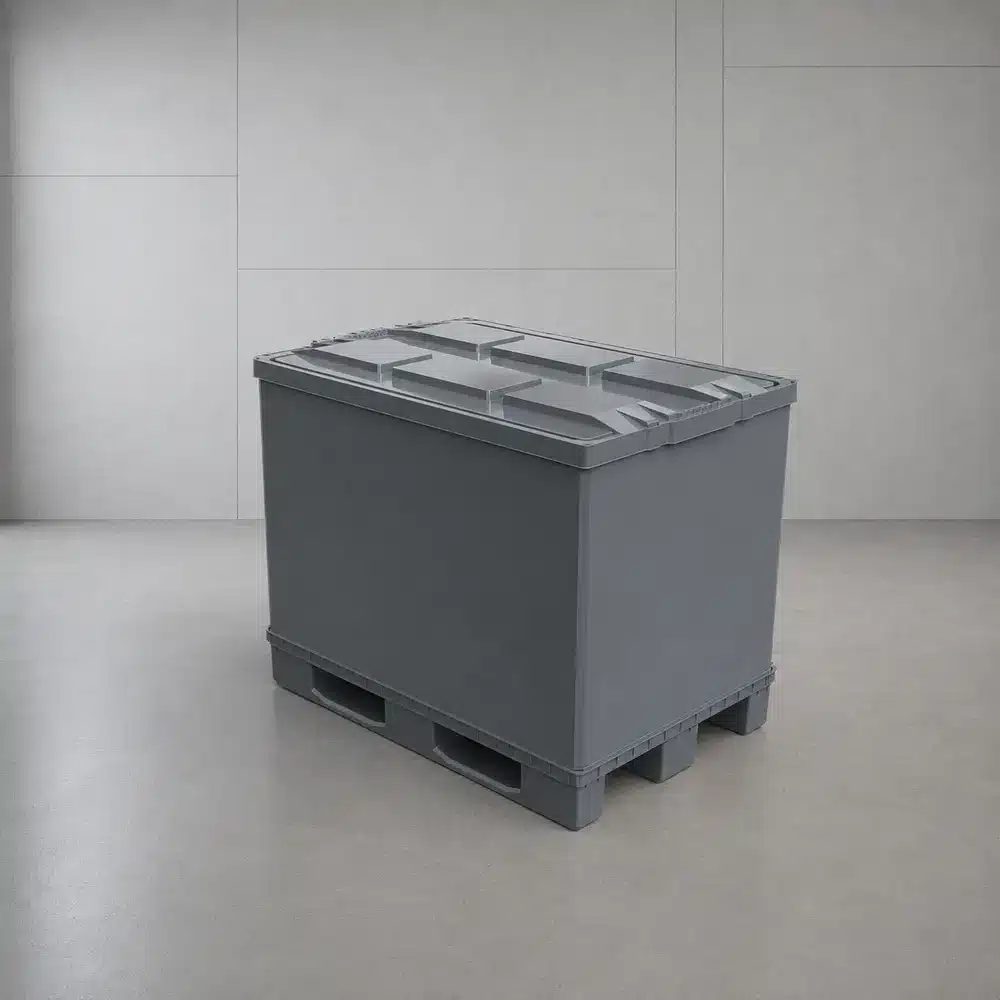 Komplett geschlossene graue faltbare Palettenbox mit aufgesetztem Deckel, Schrägansicht im Studio (AI-generated)