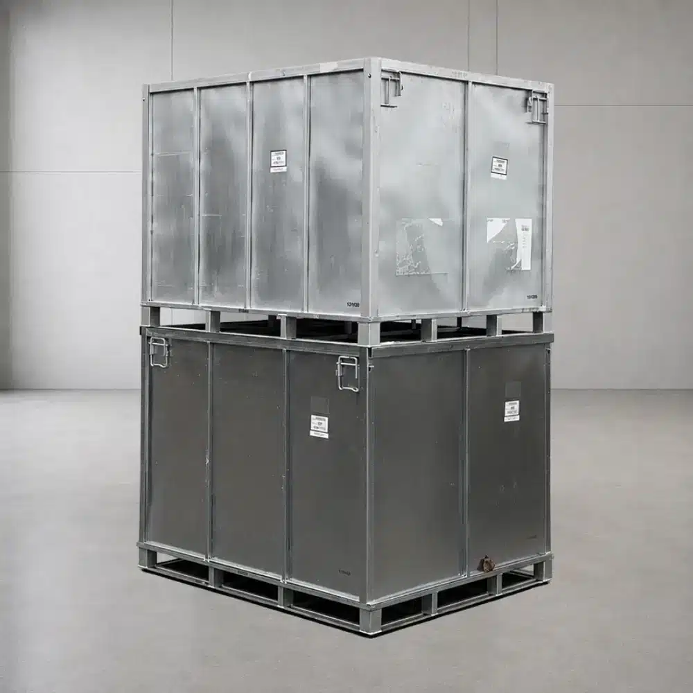 Zwei gestapelte silber-graue Metallboxen 1440 x 1140 mm, faltbare Palettenboxen aus Stahlblech, Studioansicht (AI-generated)