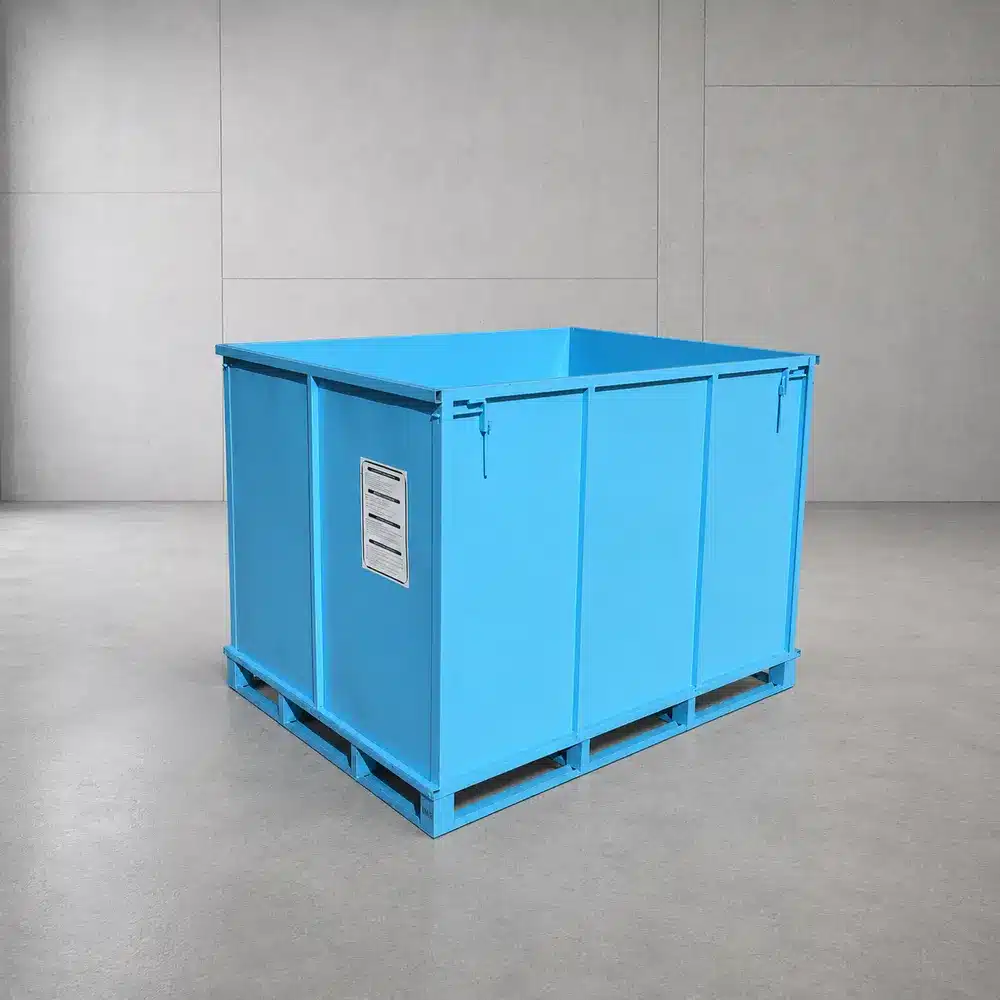 Blaue MetallBox Palettenbox 1450 x 1140 mm mit offener Oberseite und Warnhinweis-Etikett, Studioansicht (AI-generated)
