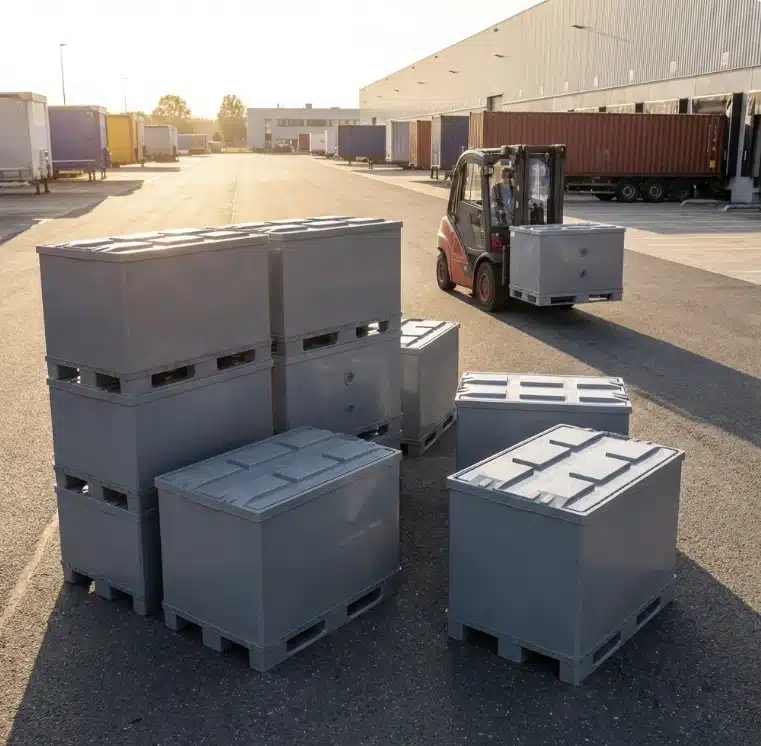 Gestapelte graue Palettenboxen auf Logistikhof, Gabelstapler transportiert eine Box zum LKW im Hintergrund