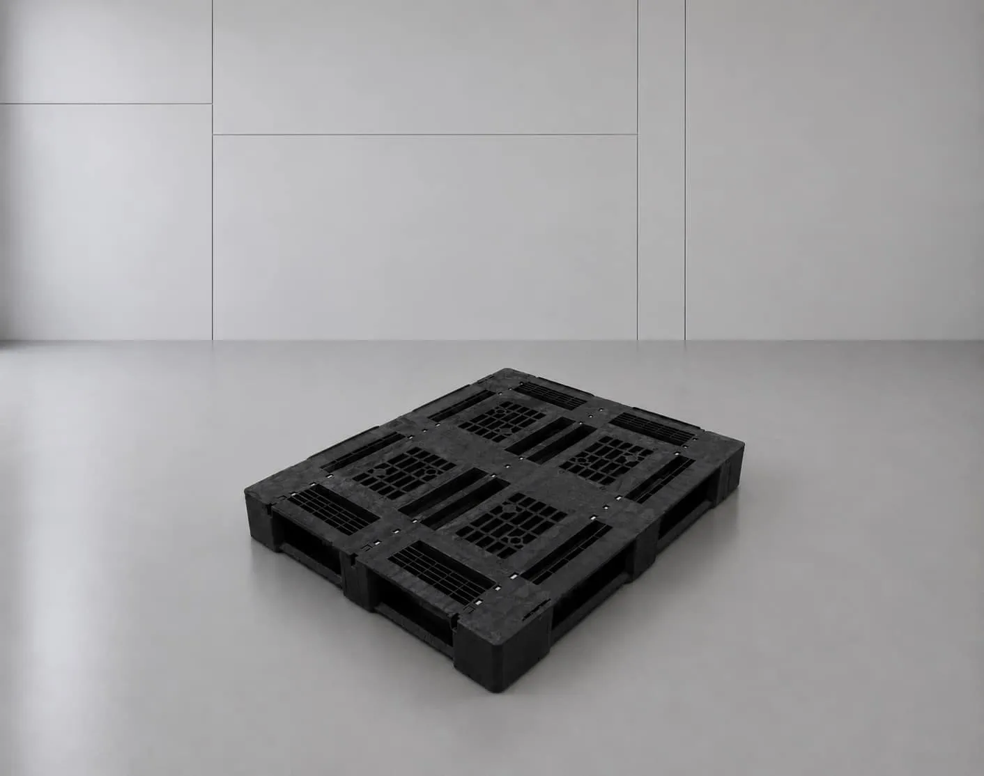 Schwarze Kunststoffpalette ECO I5.2 1200 × 1000 mm mit 5 Kufen und Metallverstärkung (AI-generated)