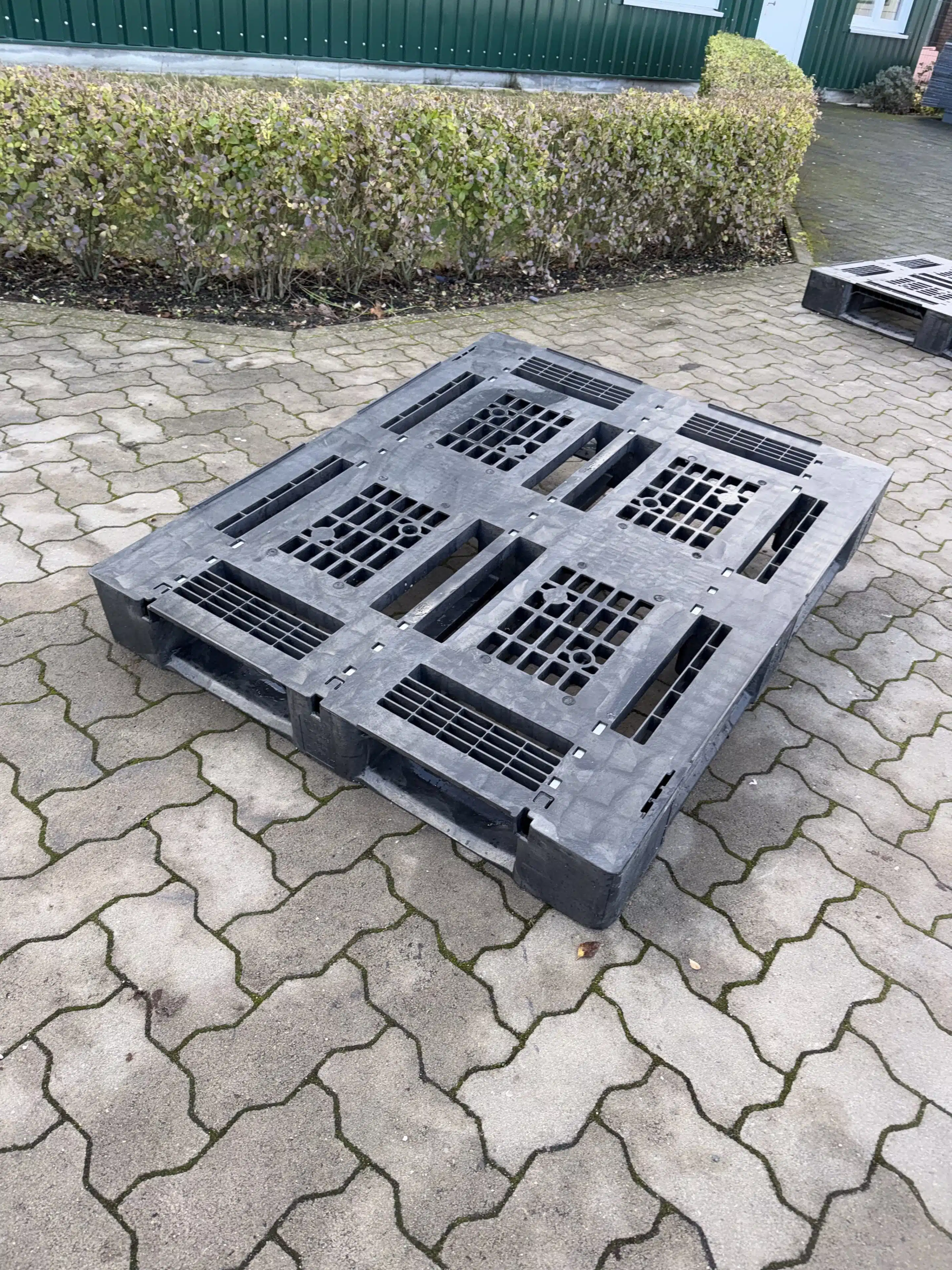 Schwarze Kunststoffpalette auf gepflastertem Boden vor einer Hecke im Außenbereich.